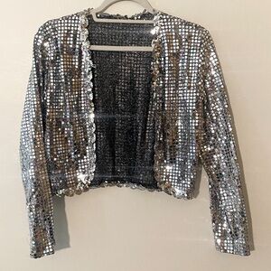 Silver Sequin Blazer with Open Front and Long Sleeves Cropped Medium